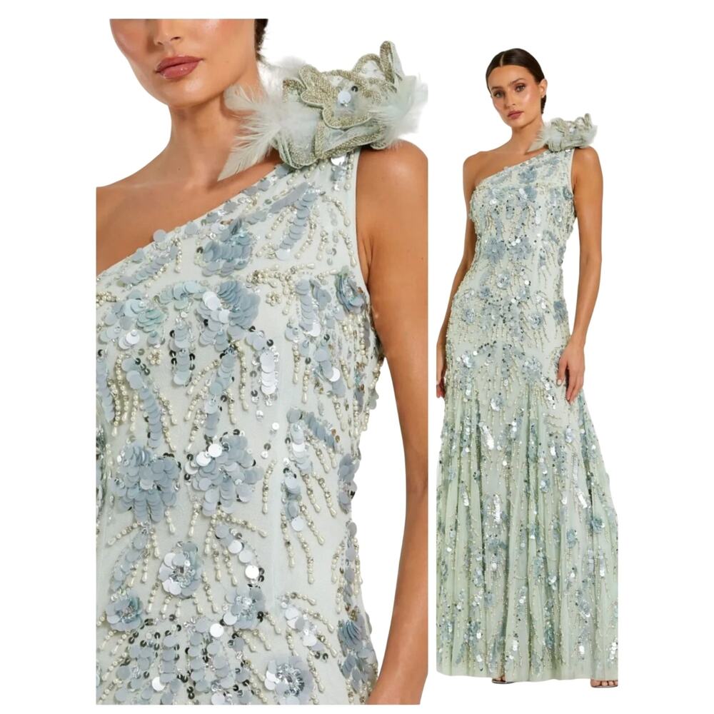 Mac Duggal 94151 Sage Green Beaded Sequin One Shoulder Gown Formal Dress 14